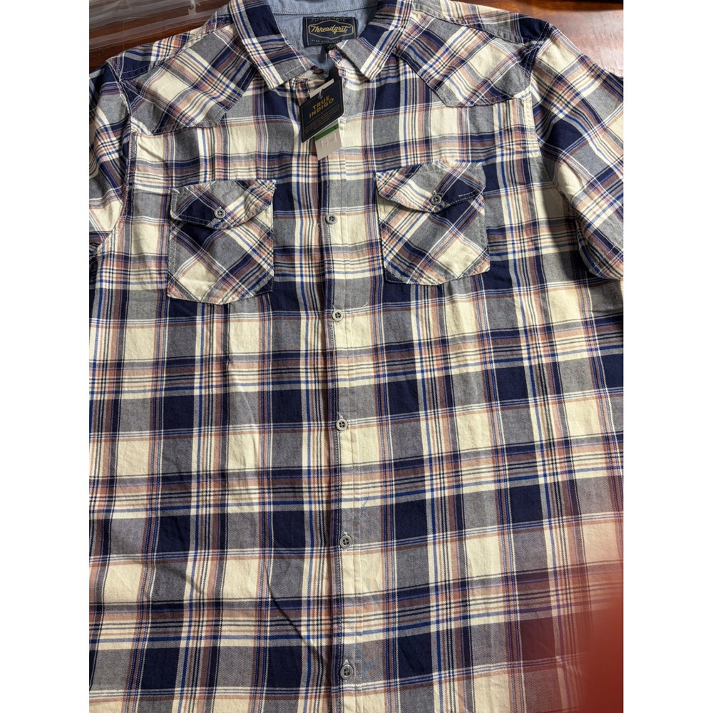 Threadgrit Mens Large Short Sleeve Plaid Western Button Up Shirt True Indigo New